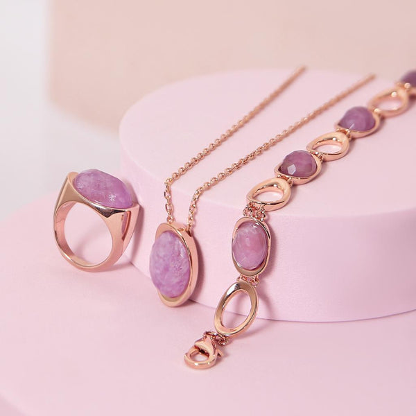 Parure di gioielli, anello cocktail, collana e bracciale, in pietra naturale ametista viola