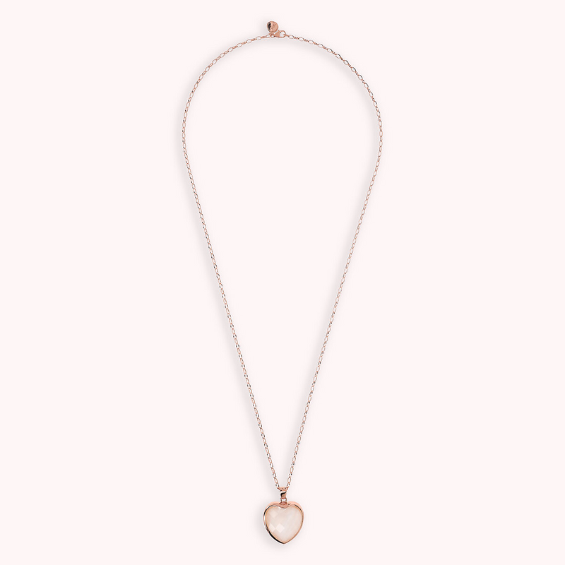 Long Oval Rolo Chain Necklace with Heart Pendant in Faceted Natural Stone