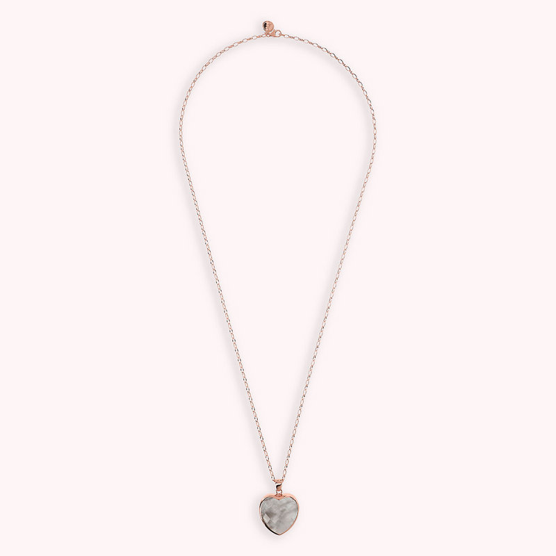 Long Oval Rolo Chain Necklace with Heart Pendant in Faceted Natural Stone