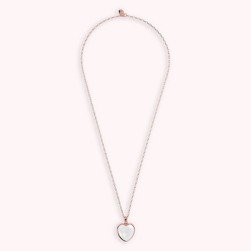 Long Oval Rolo Chain Necklace with Heart Pendant in Faceted Natural Stone