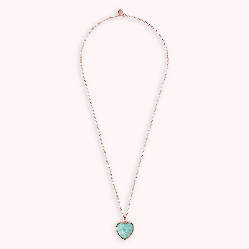 Long Oval Rolo Chain Necklace with Heart Pendant in Faceted Natural Stone