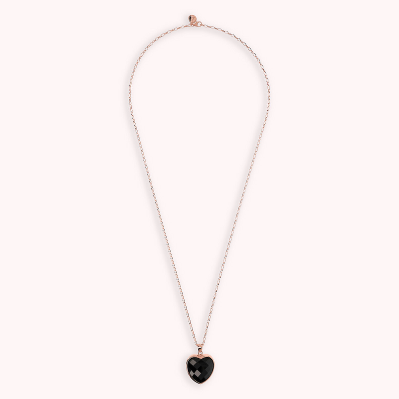 Long Oval Rolo Chain Necklace with Heart Pendant in Faceted Natural Stone