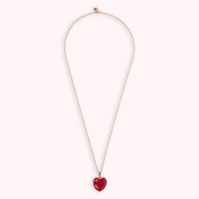 Long Oval Rolo Chain Necklace with Heart Pendant in Faceted Natural Stone