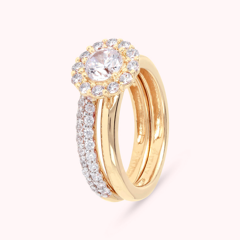 Golden Ring Set with Cubic Zirconia Band and Flower