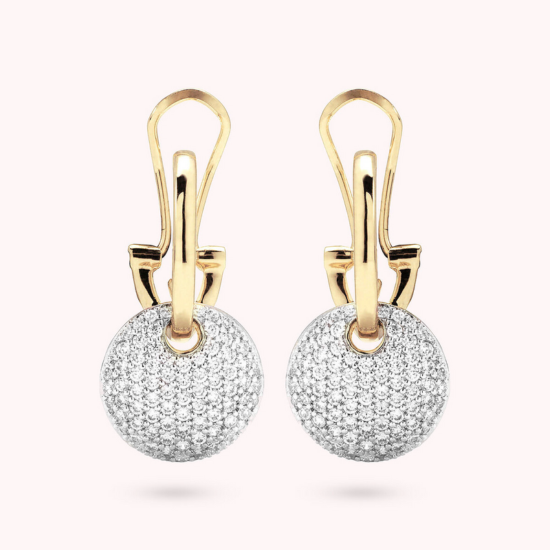 Golden Pendant Earrings with Round Pavé in Cubic Zirconia