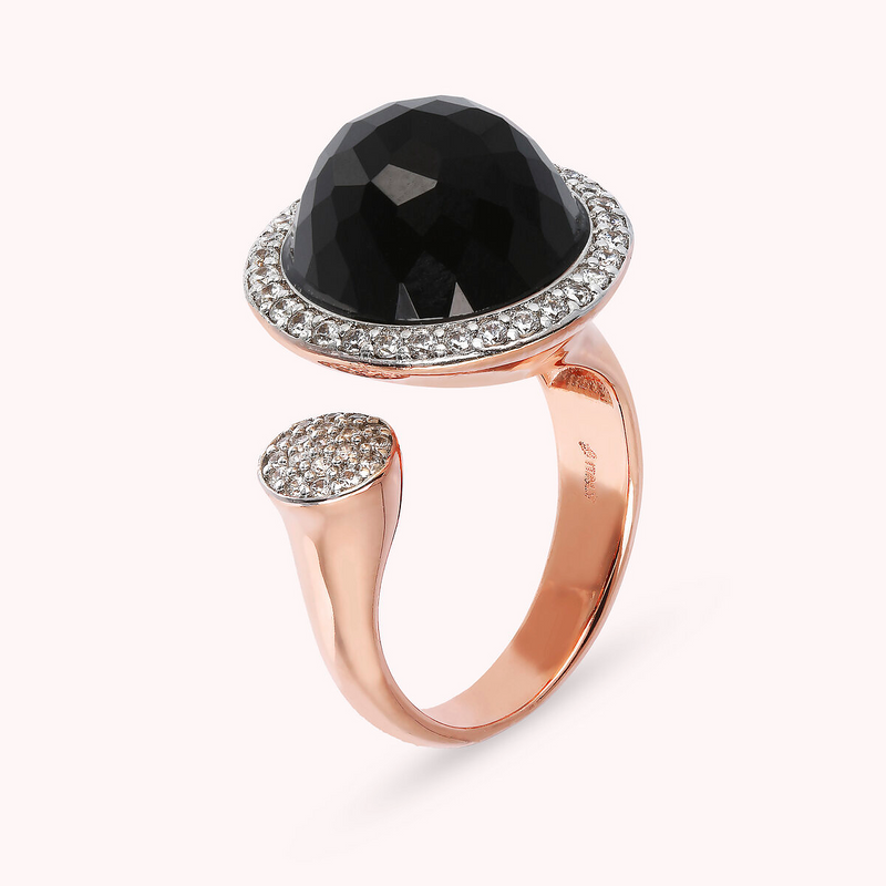 Contrarié Ring with Round Natural Stone and Pavé in Cubic Zirconia