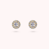 Golden Button Earrings with Cubic Zirconia Flower