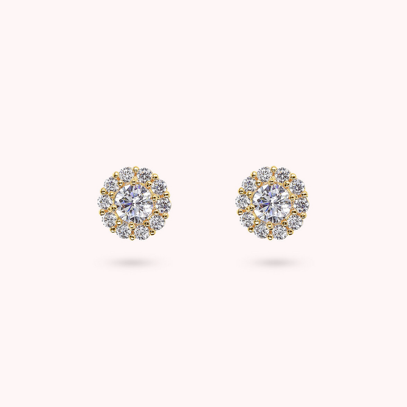 Golden Button Earrings with Cubic Zirconia Flower