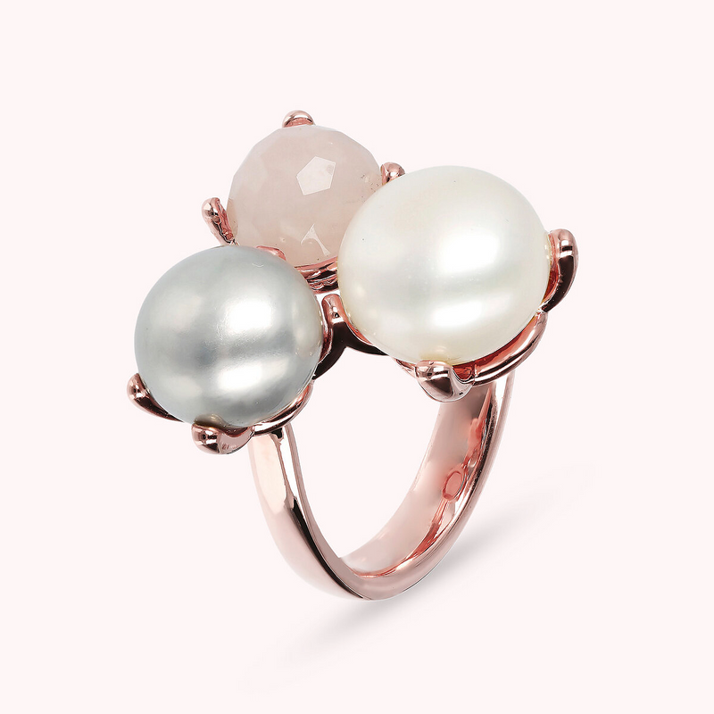 Trilogy Ring with Natural Stone  and Freshwater Cultured Pearls Ø 9/10 mm