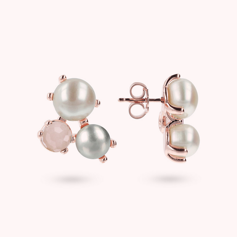 Trilogy Stud Earrings with Natural Stone and Freshwater Cultured Pearls Ø 9/10 mm