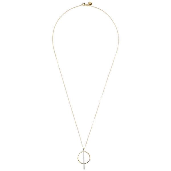 Golden Rolo Chain Necklace with Circle and Bar Pavé Pendant in Cubic Zirconia