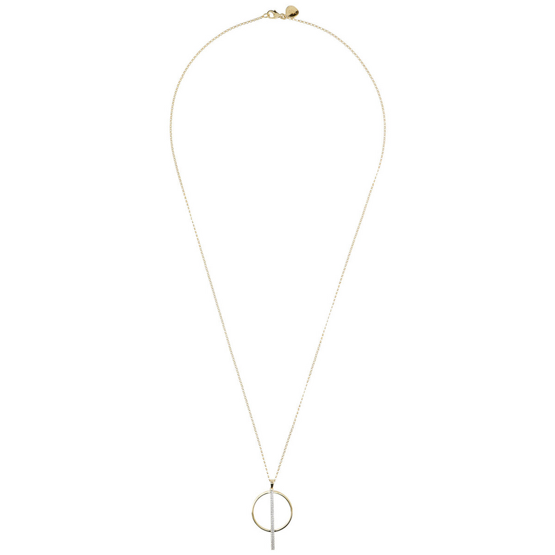 Golden Rolo Chain Necklace with Circle and Bar Pavé Pendant in Cubic Zirconia