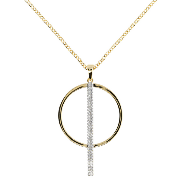 Golden Rolo Chain Necklace with Circle and Bar Pavé Pendant in Cubic Zirconia