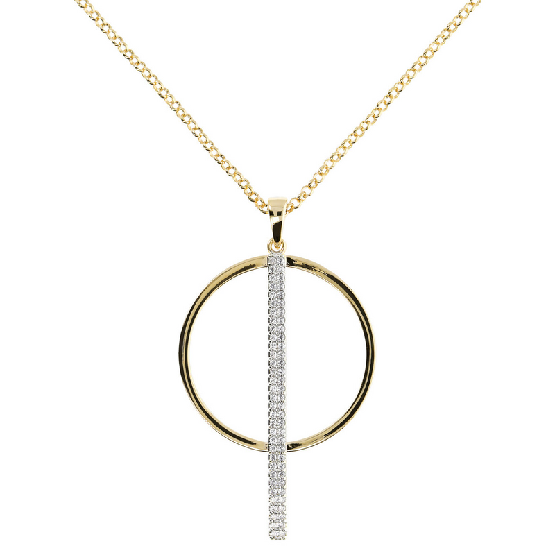 Golden Rolo Chain Necklace with Circle and Bar Pavé Pendant in Cubic Zirconia