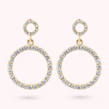 Golden Double Circle Pendant Earrings with Pavé in Cubic Zirconia