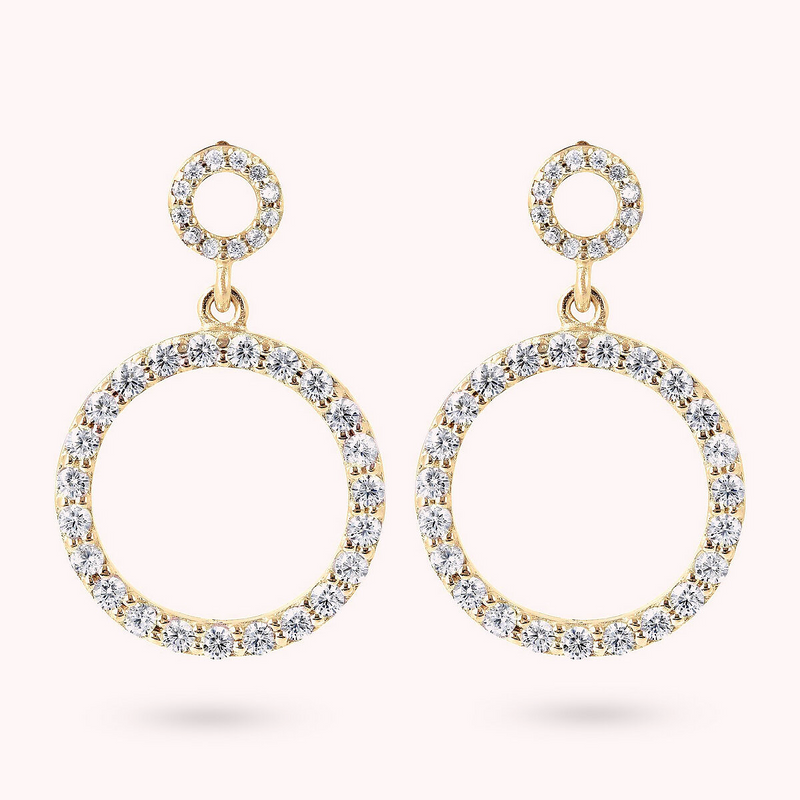 Golden Double Circle Pendant Earrings with Pavé in Cubic Zirconia