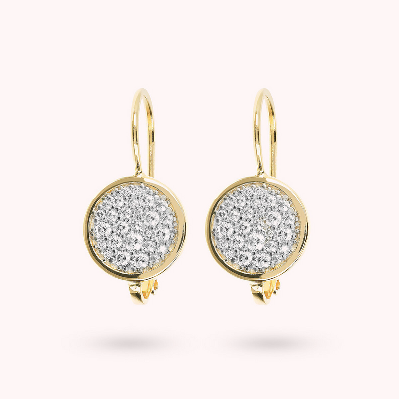 Boucles d'oreilles pendantes dorées avec pavé rond