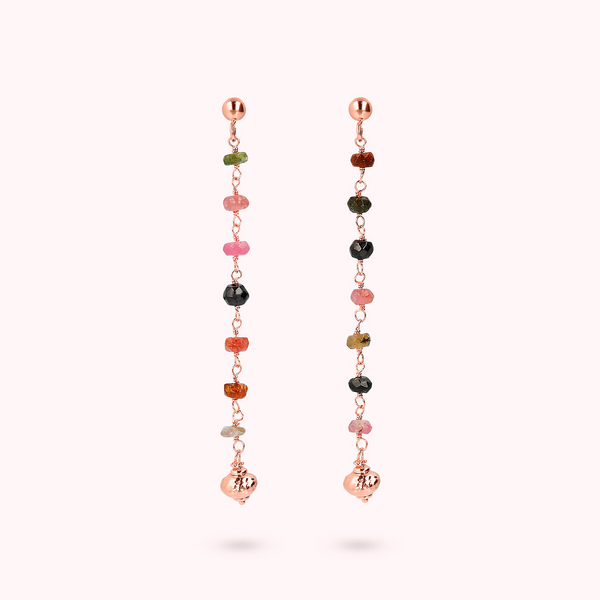 Boucles d'Oreilles Chapelet Pendentif Corde avec Tourmaline Multicolore