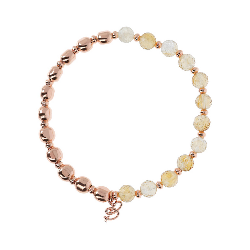 Elastic Bracelet with Natural Stones and Golden Rosé Spheres