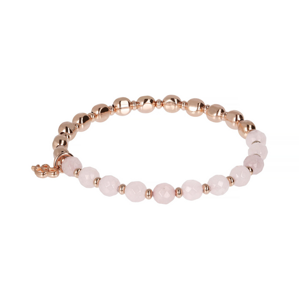 Elastic Bracelet with Natural Stones and Golden Rosé Spheres