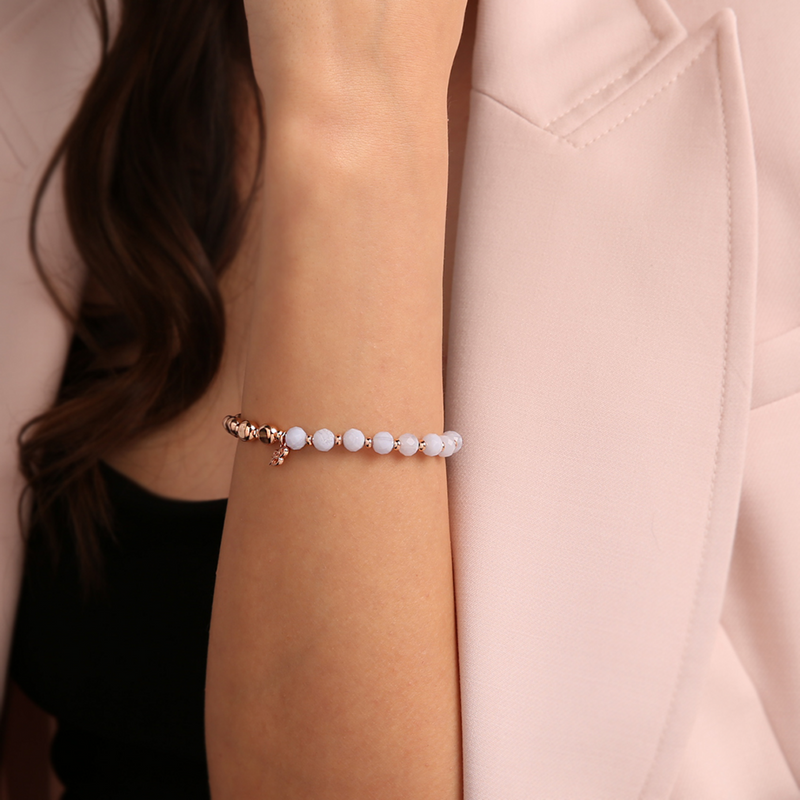 Bracelet Élastique avec Pierres Naturelles et Sphères Rosées Dorées