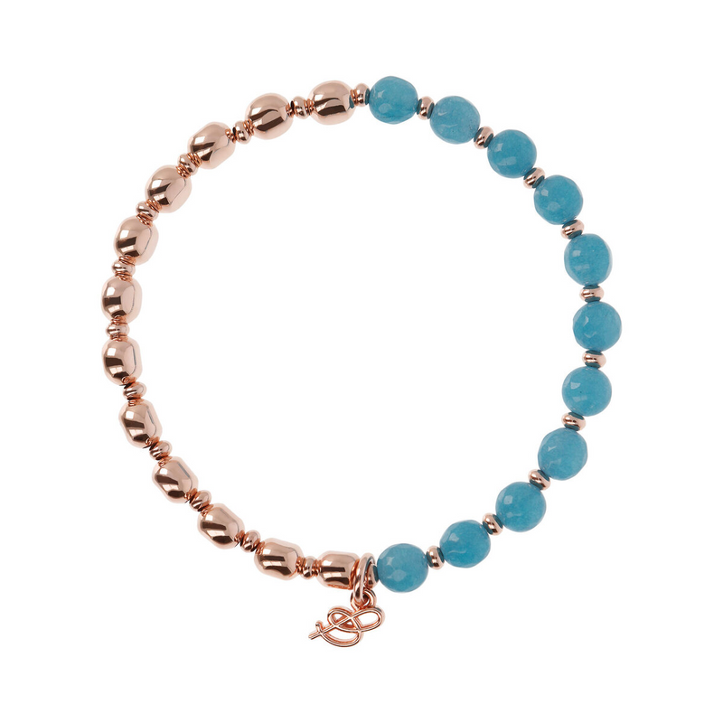 Elastic Bracelet with Natural Stones and Golden Rosé Spheres