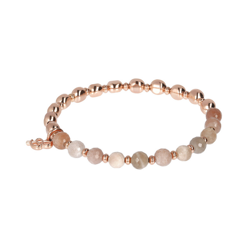 Elastic Bracelet with Natural Stones and Golden Rosé Spheres