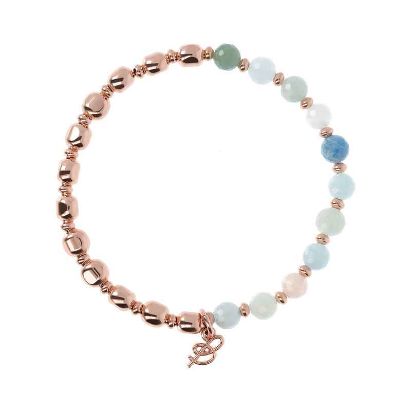 Bracelet Élastique avec Pierres Naturelles et Sphères Rosées Dorées