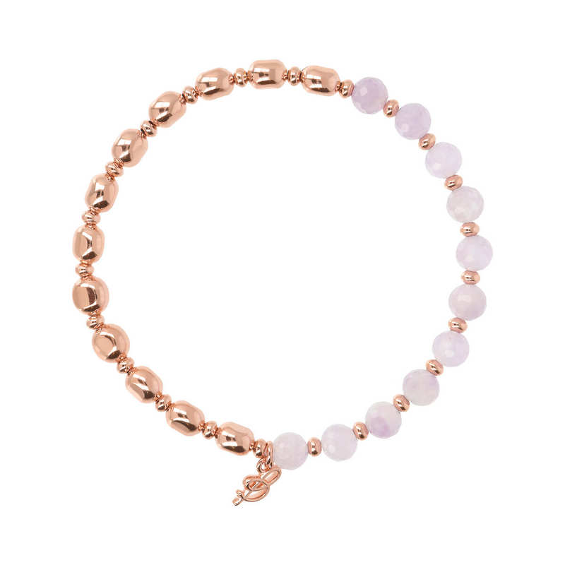 Elastic Bracelet with Natural Stones and Golden Rosé Spheres