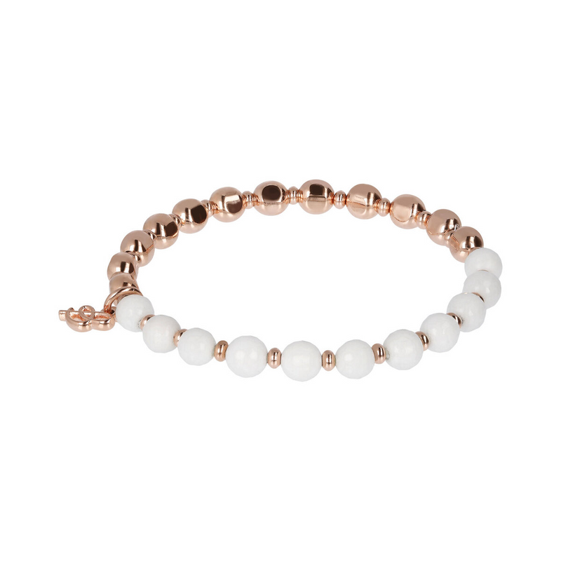 Elastic Bracelet with Natural Stones and Golden Rosé Spheres