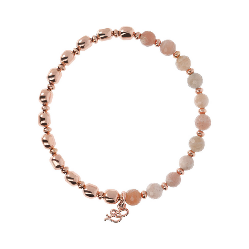 Elastic Bracelet with Natural Stones and Golden Rosé Spheres