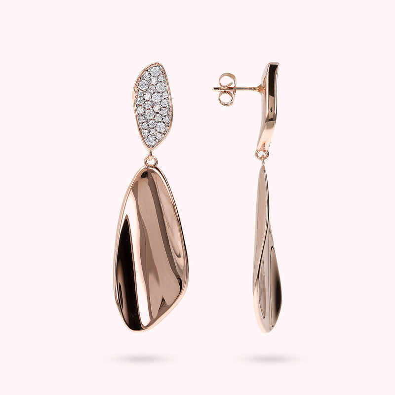 Sinuous Design Pendant Earrings with Pavé in Cubic Zirconia