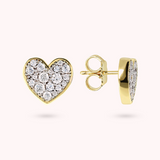 Golden Heart Stud Earrings with Pavé in Cubic Zirconia