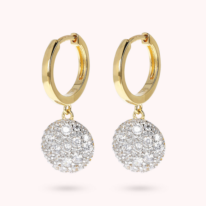 Golden Hoop Earrings with Pavé Pendant in Cubic Zirconia