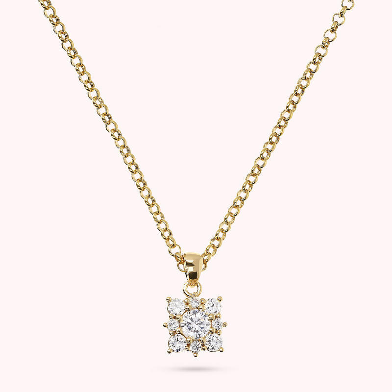 Golden Rolo Chain Necklace with Cubic Zirconia Flower Pendant