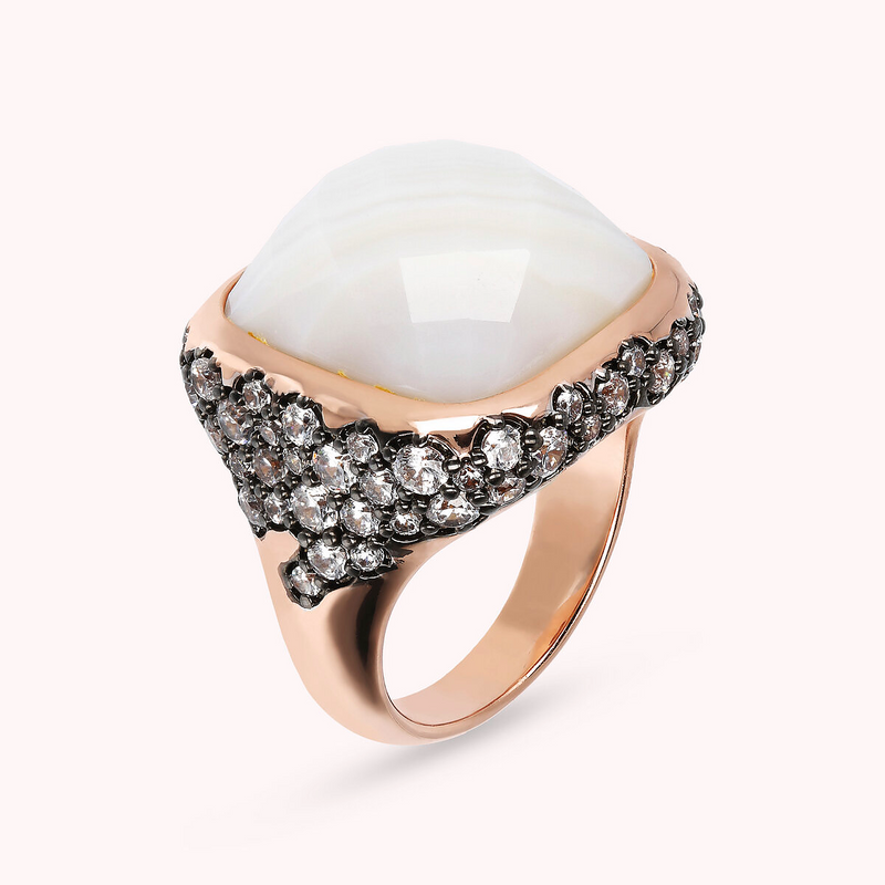 Chevalier Ring with Faceted Square Natural Stone and Pavé