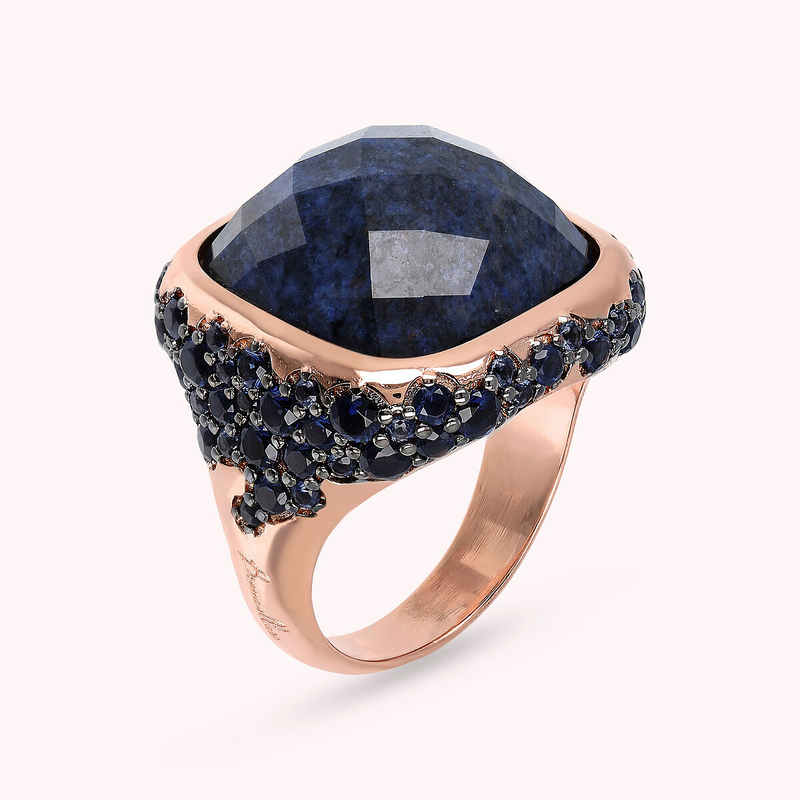 Chevalier Ring with Faceted Square Natural Stone and Pavé