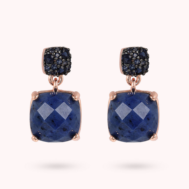 Pendant Earrings with Faceted Square Natural Stone and Pavé