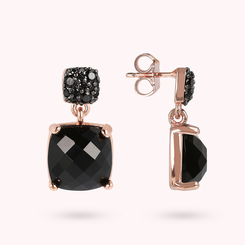 Pendant Earrings with Faceted Square Natural Stone and Pavé