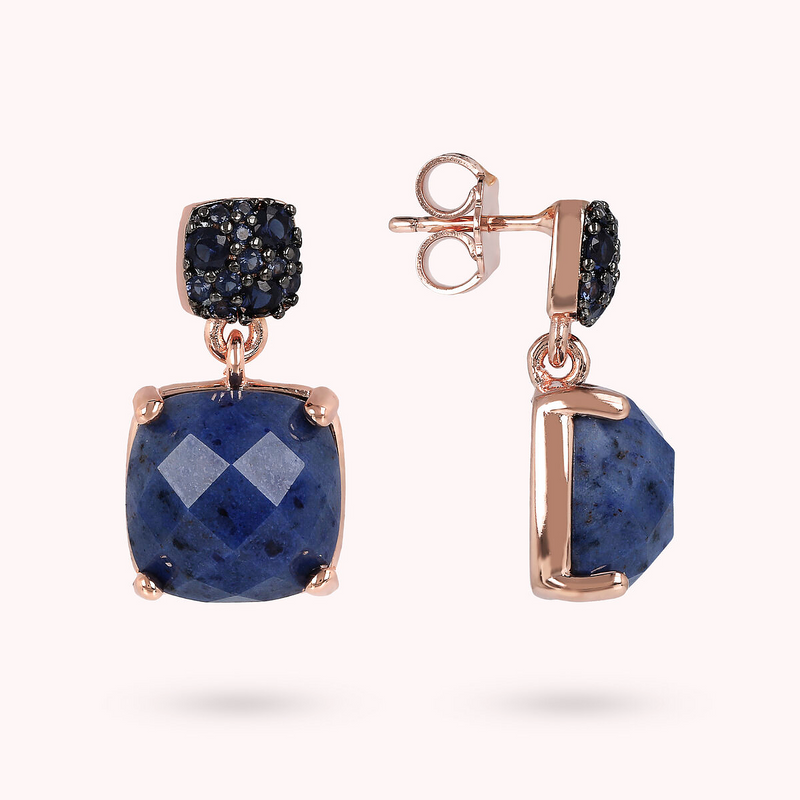 Pendant Earrings with Faceted Square Natural Stone and Pavé