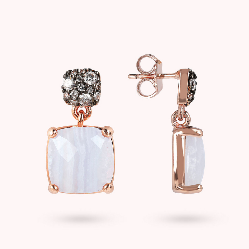 Pendant Earrings with Faceted Square Natural Stone and Pavé