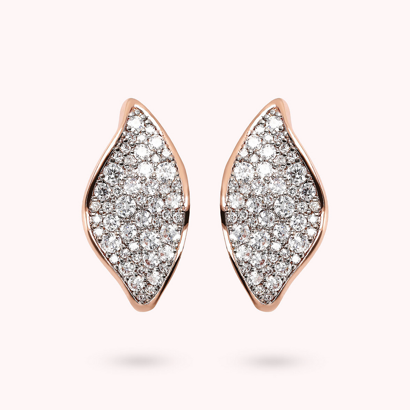 Wavy Stud Earrings with Leaf Pavé in Cubic Zirconia