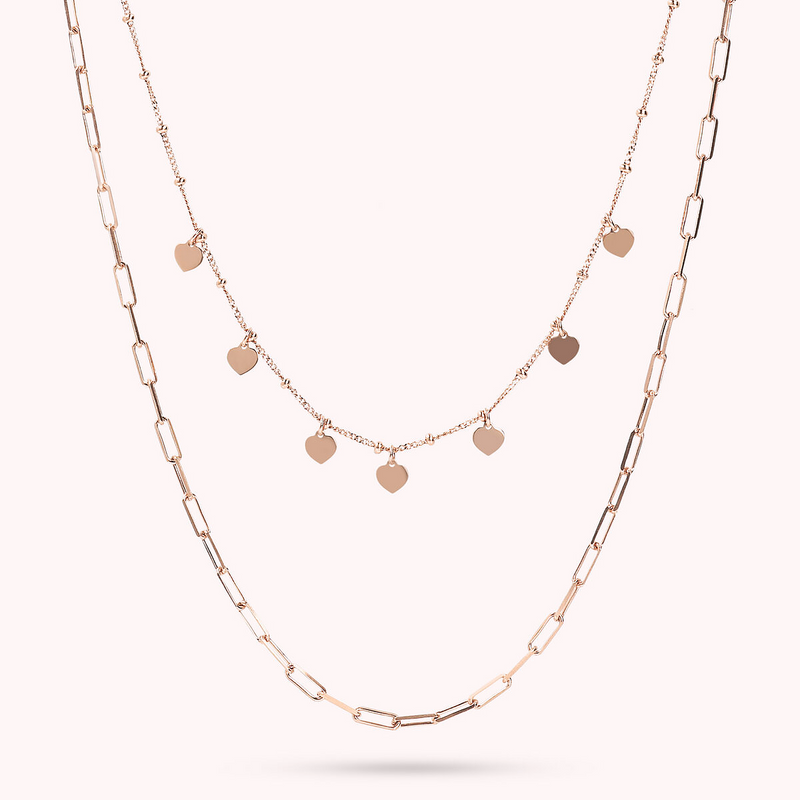 Collier Multi-Rangs Chaîne Forçat avec Breloques Coeur