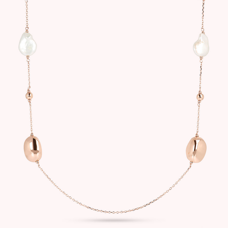 Long Necklace with Shiny Nuggets in Golden Rosé and Freshwater Cultured Pearls Ø 17 mm