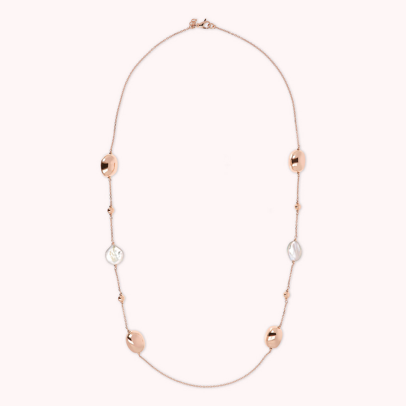 Long Necklace with Shiny Nuggets in Golden Rosé and Freshwater Cultured Pearls Ø 17 mm