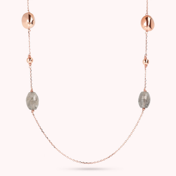 Collana Lunga con Quarzo Grigio e Pepite Golden Rosé