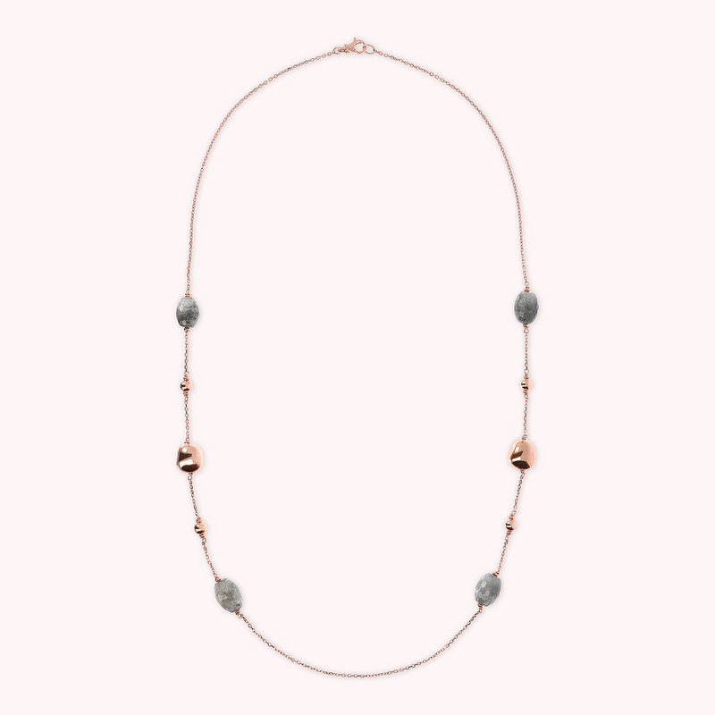 Long Necklace with Gray Quartz and Golden Rosé Nuggets