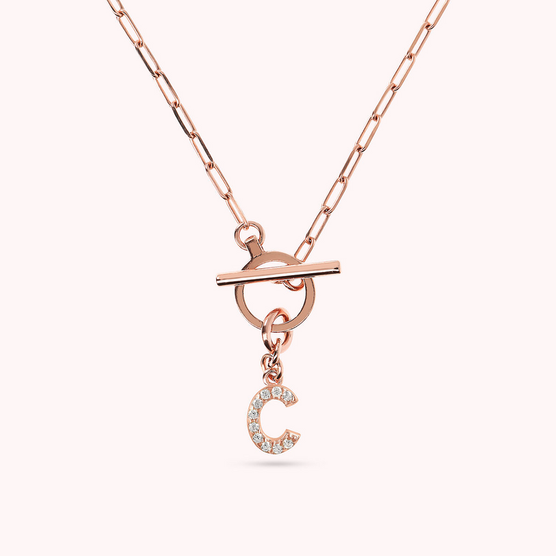 Collana Catena Forzatina con Pendente Lettera Pavé in Cubic Zirconia