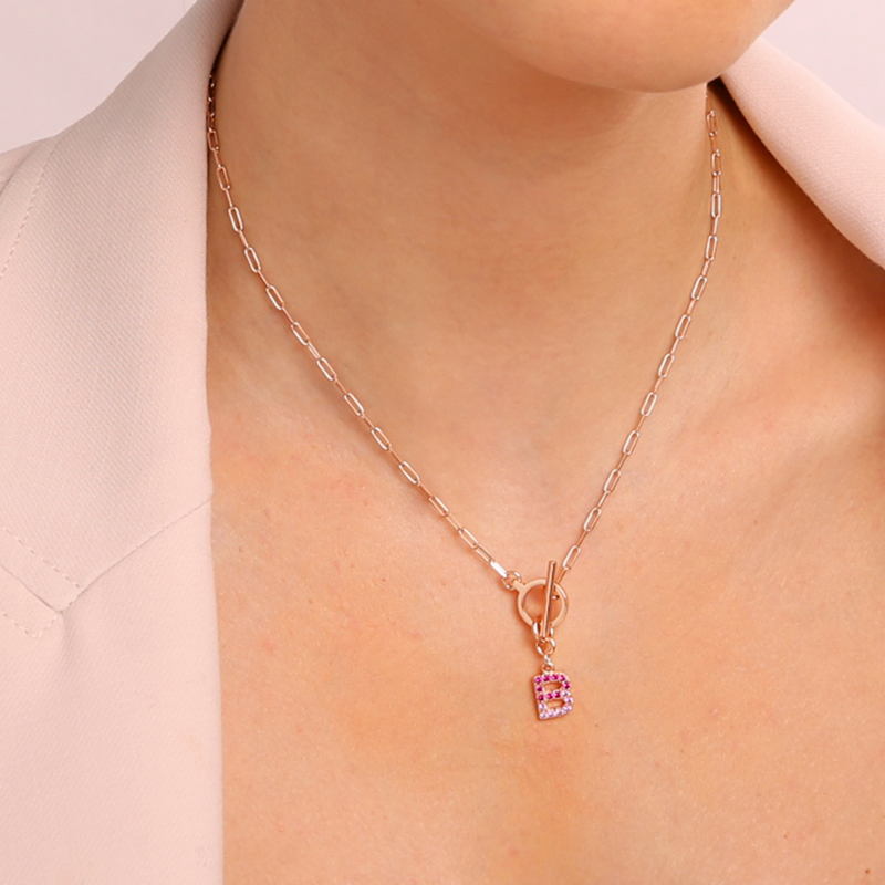 Collana Catena Forzatina con Pendente Lettera Pavé in Cubic Zirconia