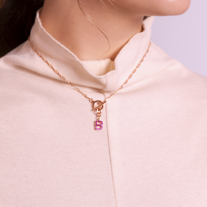 Collana Catena Forzatina con Pendente Lettera Pavé in Cubic Zirconia